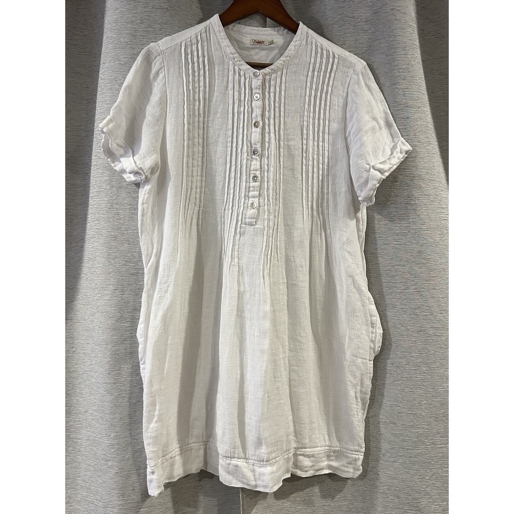 Womens Faherty Kasey Dress‎ Size Medium Linen White Pullover Short Sleeve